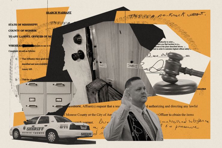 A collage shows black-and-white photos of a filing cabinet, a broken door with bullet holes and labels, a judge’s gavel, a sheriff’s car, and a White man wearing a suit with his right hand raised. Text from search warrants are layered on top of yellow shapes.