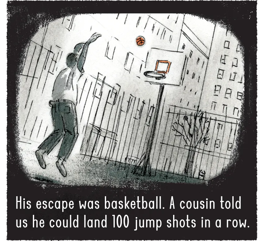 Belcher is pictured shooting a jump shot. Belcher’s escape was basketball. A cousin told us he could land 100 jump shots in a row.